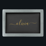Boucle De Ceinture Rectangulaire Black Gold Modern Script Girl Monogramme Nom<br><div class="desc">Noir et Or Simple Script Monogramme Nom Ceinture Boucle. Cela rend la graduation parfaite, doux 16 16ème, 18ème, 21ème, 30ème, 40ème, 50ème, 60ème, 70ème, 80ème, 90ème, 100ème anniversaire, mariage, douche nuptiale, anniversaire, baby shower ou cadeau de fête de bachelorette pour quelqu'un qui aime les styles glam luxe et chic .....</div>