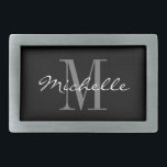 Boucle De Ceinture Rectangulaire Boucles monogrammées personnalisées pour hommes et<br><div class="desc">Boucles monogrammées personnalisées pour hommes et femmes. Élégant modèle de typographie de script pour le nom et la lettre initiale monogramme. Accessoires de mode paraphés avec inscription personnalisée et couleur arrière - plan personnalisable. Design glamour noir et blanc pour les amis et la famille. Disponible en forme ovale et carré....</div>