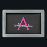 Boucle De Ceinture Rectangulaire Chaud rose noir Script Girl Nom du monogramme<br><div class="desc">Noir et rose chaud Simple Script Monogramme Nom Ceinture Boucle. Cela rend la graduation parfaite, doux 16 16ème, 18ème, 21ème, 30ème, 40ème, 50ème, 60ème, 70ème, 80ème, 90ème, 100ème anniversaire, mariage, douche nuptiale, anniversaire, baby shower ou cadeau de fête de bachelorette pour quelqu'un qui aime les styles glam luxe et chic...</div>