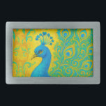 Boucle De Ceinture Rectangulaire Elégant Turquoise Peacock Bird Décoratif<br><div class="desc">Cette élégante boucle de paon présente l'oiseau aux couleurs turquoise et bleue sur un arrière - plan à motifs jaunes. Image générée avec AI.</div>