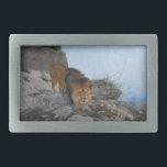 Boucle De Ceinture Rectangulaire Le lion dans les montagnes (par Richard Friese)<br><div class="desc">Ce dessin présente un tableau de l'artiste allemand Richard Friese (1854-1918). Il représente un lion mâle majestueux qui sillonne un paysage montagneux. Le lion marche tranquillement et en toute confiance sur des rochers déchiquetés près du sommet d'une haute montagne. Une plage sur la côte et la mer se découvre au...</div>
