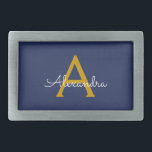 Boucle De Ceinture Rectangulaire Marine Blue Gold Modern Script Girl Monogramme Nom<br><div class="desc">Navy Blue and Gold Simple Script Monogramme Nom Belt Buckle. Cela rend la graduation parfaite, doux 16 16ème, 18ème, 21ème, 30ème, 40ème, 50ème, 60ème, 70ème, 80ème, 90ème, 100ème anniversaire, mariage, douche nuptiale, anniversaire, baby shower ou cadeau de fête de bachelorette pour quelqu'un qui aime les styles glam luxe et chic...</div>