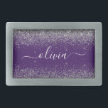 Boucle De Ceinture Rectangulaire Monogramme de Parties scintillant d'argent violet<br><div class="desc">Parties scintillant à étincelle violette et argentée Script Monogramme Nom Ceinture Boucle. Cela rend la graduation parfaite, doux 16 16ème, 18ème, 21ème, 30ème, 40ème, 50ème, 60ème, 70ème, 80ème, 90ème, 100ème anniversaire, mariage, douche nuptiale, anniversaire, baby shower ou cadeau de fête de bachelorette pour quelqu'un qui aime les styles glam luxe...</div>
