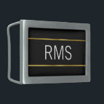 Boucle De Ceinture Rectangulaire Monogramme minimaliste d'or noir et blanc<br><div class="desc">Trois grandes lettres blanches forment le texte d'affichage que vous pouvez remplacer par le monogramme approprié. Les initiales sont sur un arrière - plan noir. Les faux rayures d'or sont un rendu artistique.</div>