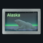 Boucle De Ceinture Rectangulaire Ours polaire à bord de glace<br><div class="desc">Un moment de paix dans la longue nuit arctique. Un Ours Polaire repose au bord d'une zone ouverte dans la glace de la meule.Les aurores nordiques brillent au loin; les étoiles brillantes scintillent au-dessus. Le texte "Alaska" apparaît en vert et blanc brillant. Les ours polaires sont en danger. Combien de...</div>