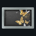 Boucle De Ceinture Rectangulaire Papillons blancs et dorés<br><div class="desc">Or,  bijoux et papillons blancs sur arrière - plan noir. Papillon doré.</div>
