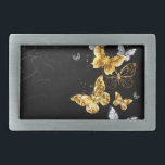 Boucle De Ceinture Rectangulaire Papillons blancs et dorés<br><div class="desc">Or,  bijoux et papillons blancs sur arrière - plan noir. Papillon doré.</div>