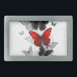 Boucle De Ceinture Rectangulaire Papillons noirs et rouges volants<br><div class="desc">Un troupeau de papillons de morpho volants,  réalistes,  rouges et noirs sur un arrière - plan blanc avec des gouttes de peinture.</div>