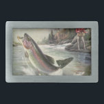 Boucle De Ceinture Rectangulaire Pêcheur vintage de truite arc-en-ciel Pêche du poi<br><div class="desc">Illustration vintage design sportif mettant en vedette un pêcheur pêchant dans une rivière. Une truite arc-en-ciel éclate et saute hors de l'eau.</div>