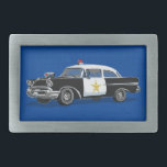Boucle De Ceinture Rectangulaire Police Vintage voiture bleu<br><div class="desc">Cette boucle à ceinture est un cadeau unique pour les policiers et les forces de l'ordre. Le design comporte une voiture de police vintage sur un arrière - plan bleu. Conçu par un artiste de renommée mondiale ©Tim Coffey.</div>