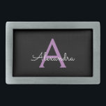 Boucle De Ceinture Rectangulaire Purple Black Script Girl Nom du monogramme<br><div class="desc">Noir et violet Simple Script Monogramme Nom Ceinture Boucle. Cela rend la graduation parfaite, doux 16 16ème, 18ème, 21ème, 30ème, 40ème, 50ème, 60ème, 70ème, 80ème, 90ème, 100ème anniversaire, mariage, douche nuptiale, anniversaire, baby shower ou cadeau de fête de bachelorette pour quelqu'un qui aime les styles glam luxe et chic .....</div>