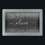 Boucle De Ceinture Rectangulaire Script Monogram Girly Name<br><div class="desc">Parties scintillant à étincelles noir et argent Script Monogramme Nom Boucle de ceinture. Cela rend la graduation parfaite, doux 16 16ème, 18ème, 21ème, 30ème, 40ème, 50ème, 60ème, 70ème, 80ème, 90ème, 100ème anniversaire, mariage, douche nuptiale, anniversaire, baby shower ou cadeau de fête de bachelorette pour quelqu'un qui aime les styles glam...</div>