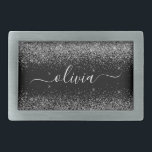 Boucle De Ceinture Rectangulaire Script Monogram Girly Name<br><div class="desc">Parties scintillant à étincelles noir et argent Script Monogramme Nom Boucle de ceinture. Cela rend la graduation parfaite, doux 16 16ème, 18ème, 21ème, 30ème, 40ème, 50ème, 60ème, 70ème, 80ème, 90ème, 100ème anniversaire, mariage, douche nuptiale, anniversaire, baby shower ou cadeau de fête de bachelorette pour quelqu'un qui aime les styles glam...</div>