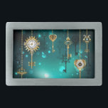 Boucle De Ceinture Rectangulaire Skeleton Keys on Green Background<br><div class="desc">Or,  clés antiques avec engrenages et cadrans accrochés sur chaînes dorées sur arrière - plan vert lumineux.</div>