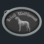 Boucle de ceinture ronde de chien-loup irlandais<br><div class="desc">La boucle de ceinture ronde de chien-loup irlandais.  Cette boucle emploie un arrière - plan noir pour accentuer le profil argenté du chien-loup irlandais.</div>