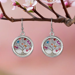Boucles D'oreilles arbre de vie moderne cristaux rose rouge bleu 