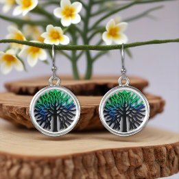 Boucles D'oreilles arbre de vie moderne hologramme vert bleu noir