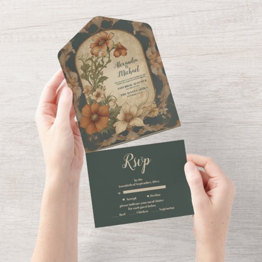 Bougainvillea Art Nouveau bruiloft All In One Uitnodiging (Afscheurbaar)