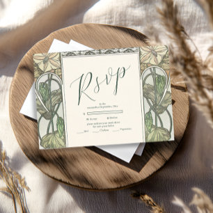 Bougainvillea Green Art Nouveau Mucha Bruiloft RSVP Kaartje