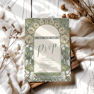Bougainvillea Green Art Nouveau Mucha Bruiloft RSVP Kaartje