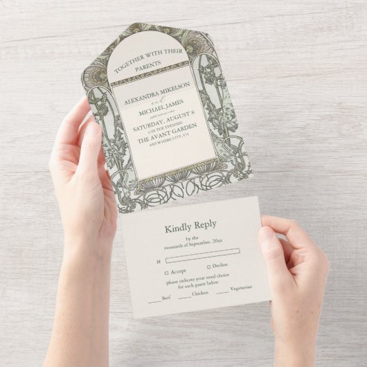 Bougainvillea Green Art Nouveau Mucha Wedding All In One Uitnodiging (Afscheurbaar)