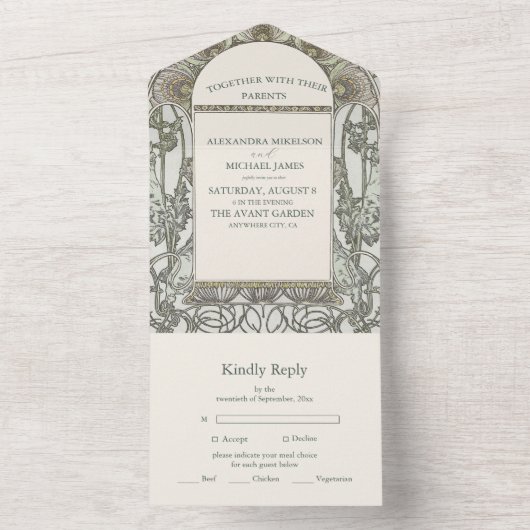 Bougainvillea Green Art Nouveau Mucha Wedding All In One Uitnodiging (Binnen)