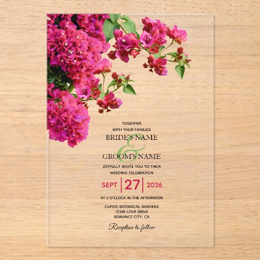 Bougainvillea Mediterranean Greek Island Wedding Acryl Uitnodigingen (Voorkant)