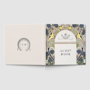 Bougainvillea Navy Blauw Goud Bruiloft Art Nouveau Gastenboek