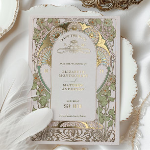 Bougainvillea Save The Date Groen Goud Art Nouveau Folie Uitnodiging