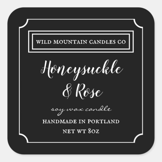 Bougie personnalisée Carré Étiquette noir et blanc (Devant)