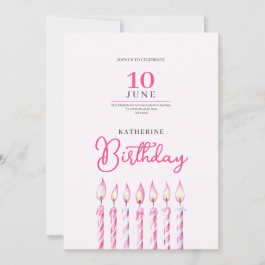 bougies rose invitation d'anniversaire fille (Devant)