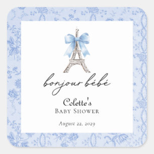 Boujour Bebe Paris Franse Toile Blauw Baby shower Vierkante Sticker
