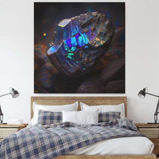 Boulder Opal Ore Macro, Vibrant Gemstone Canvas Afdruk (Insitu (Slaapkamer))