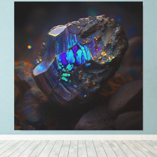 Boulder Opal Ore Macro, Vibrant Gemstone Canvas Afdruk (Insitu (Houten vloer))
