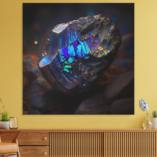 Boulder Opal Ore Macro, Vibrant Gemstone Canvas Afdruk (Insitu (Woonkamer))