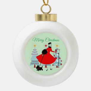 Boule En Céramique 1950 Noël Vintage Dame avec Terrier Écossais