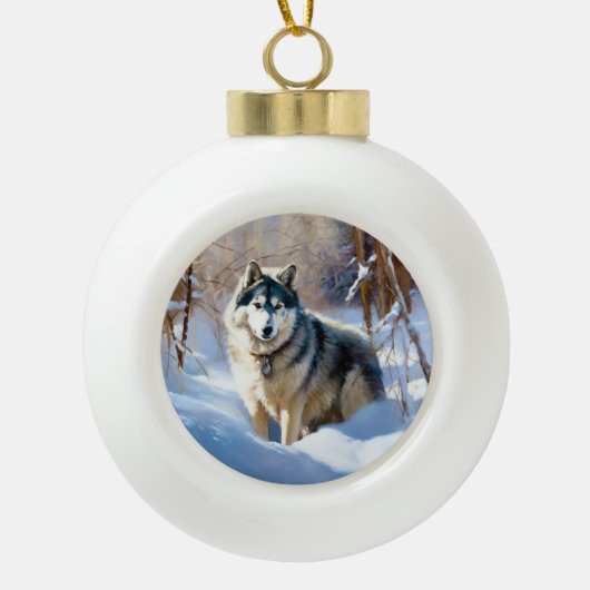 Boule En Céramique Aaskan Malamute Laisser Il Neige Noël (Devant)