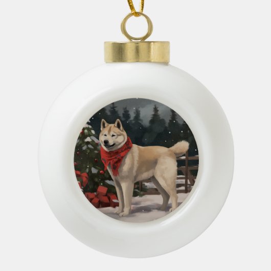 Boule En Céramique Akita Chien dans Noël de neige (Devant)