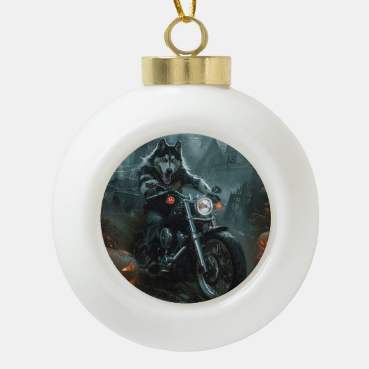 Boule En Céramique Alaskan Malamute équitation moto Halloween effraya (Devant)