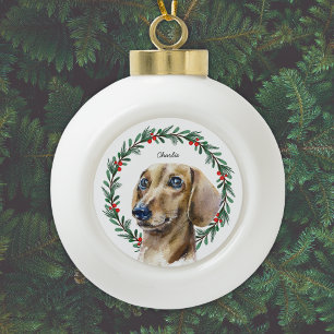 Boule En Céramique Aquarelle Dachshund Vacances Wreath personnalisée