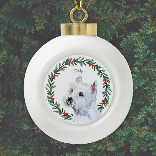 Boule En Céramique Aquarelle Maltese Chien Vacances Wreath