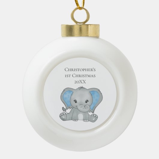 Boule En Céramique Baby Eléphant bleu Baby 1er Noël (Devant)
