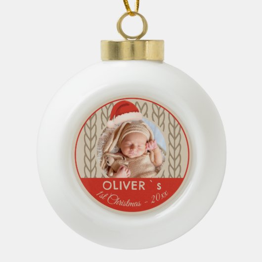 Boule En Céramique Baby`s 1st Christmas Santa Hat Knitting Photo (Devant)