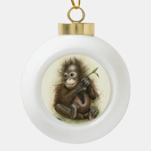 Boule En Céramique Bébé orang-outan avec des feuilles