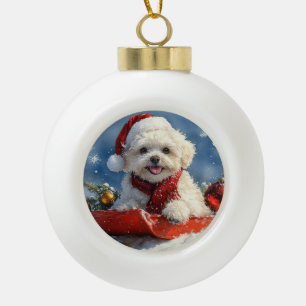Boule En Céramique Bichon Frise en Traîneau Laissez-le Neiger Noël
