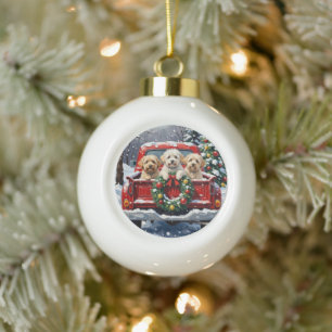 Boule En Céramique Bichon Frise Noël Camion Rouge Fêtes