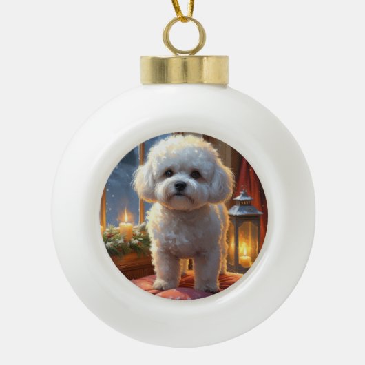 Boule En Céramique Bichon Frise With Christmas Lights Holiday (Devant)