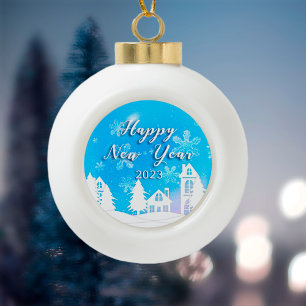 Boule En Céramique Bonne année 2023 Maison Blanche Bleue neige