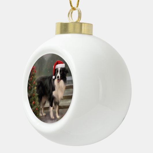 Boule En Céramique Bordure Collie Chien dans neige Noël (Droite)