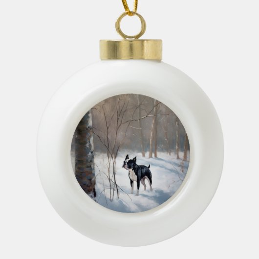 Boule En Céramique Boston Terrier Laisser neiger Noël (Devant)